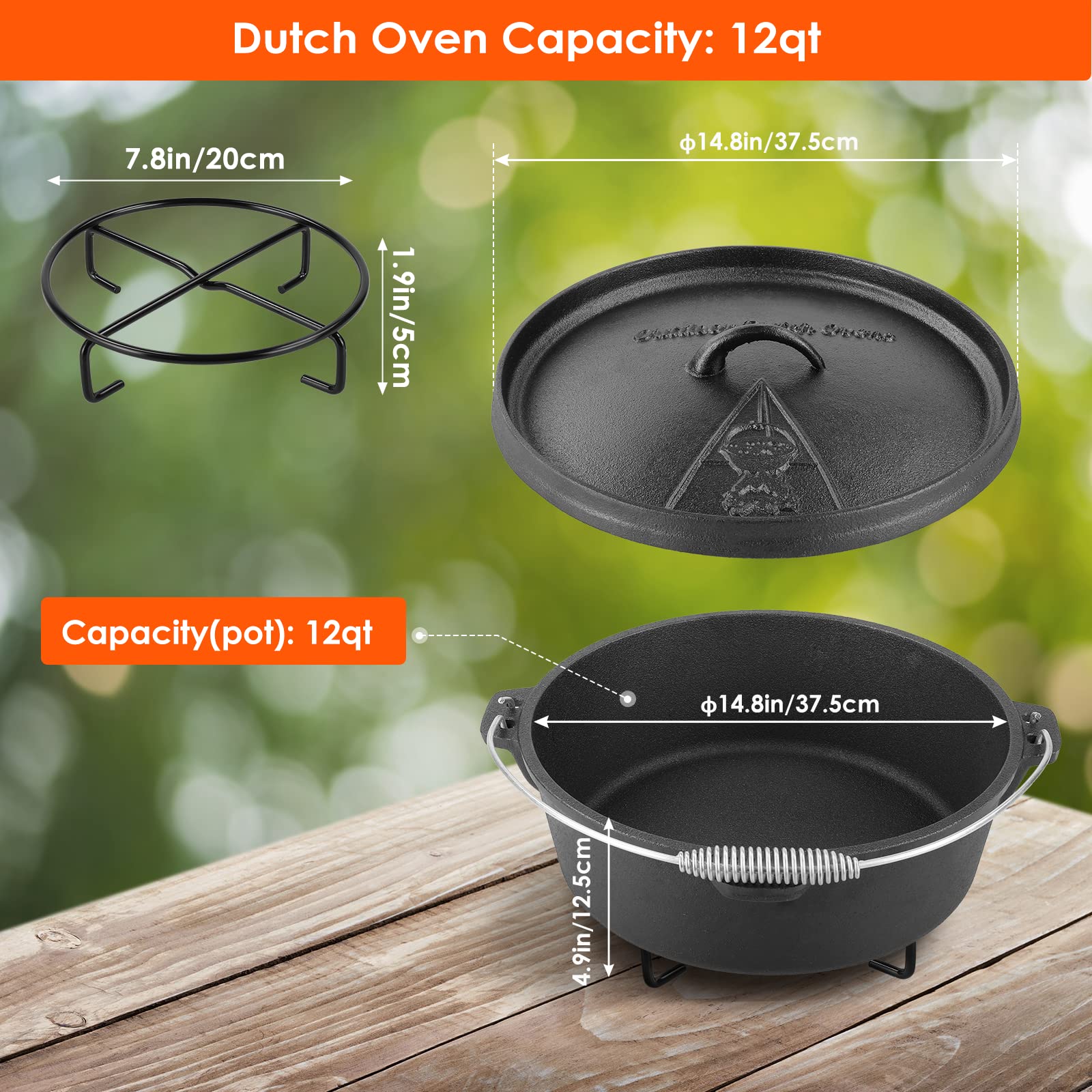 LIFERUN Dutch Oven Pot with Lid, 12 Quart Cast Iron Dutch Oven, without Feet, with Stand & Spiral-shaped Handle, Cast Iron Pot for Outdoor & Indoor