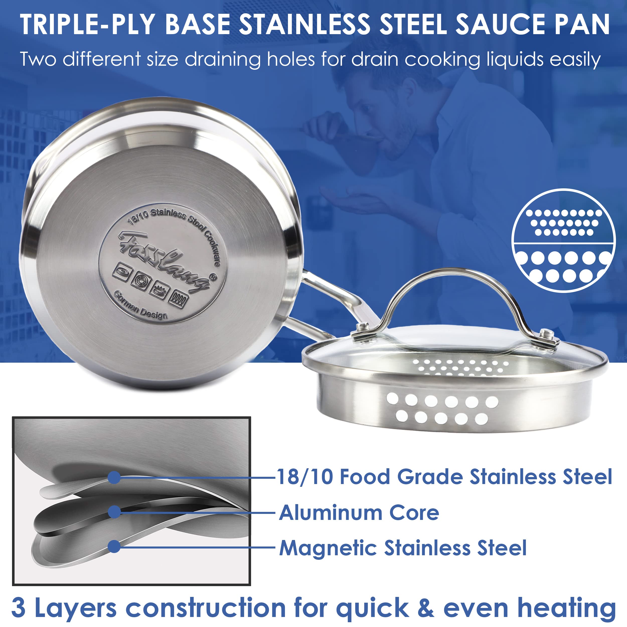 Stainless Steel Saucepan with Glass Lid, Multipurpose 1.5 Quart Sauce pan Sauce Pot with Straining Cover & Pour Spouts for Boiling Milk, Sauce, Gravies, Pasta, Noodles