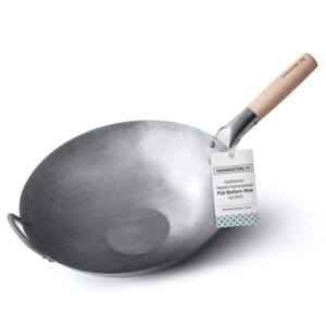 mammafong flat bottom carbon steel wok pan - authentic hand hammered woks and stir fry pans - 14" pow wok