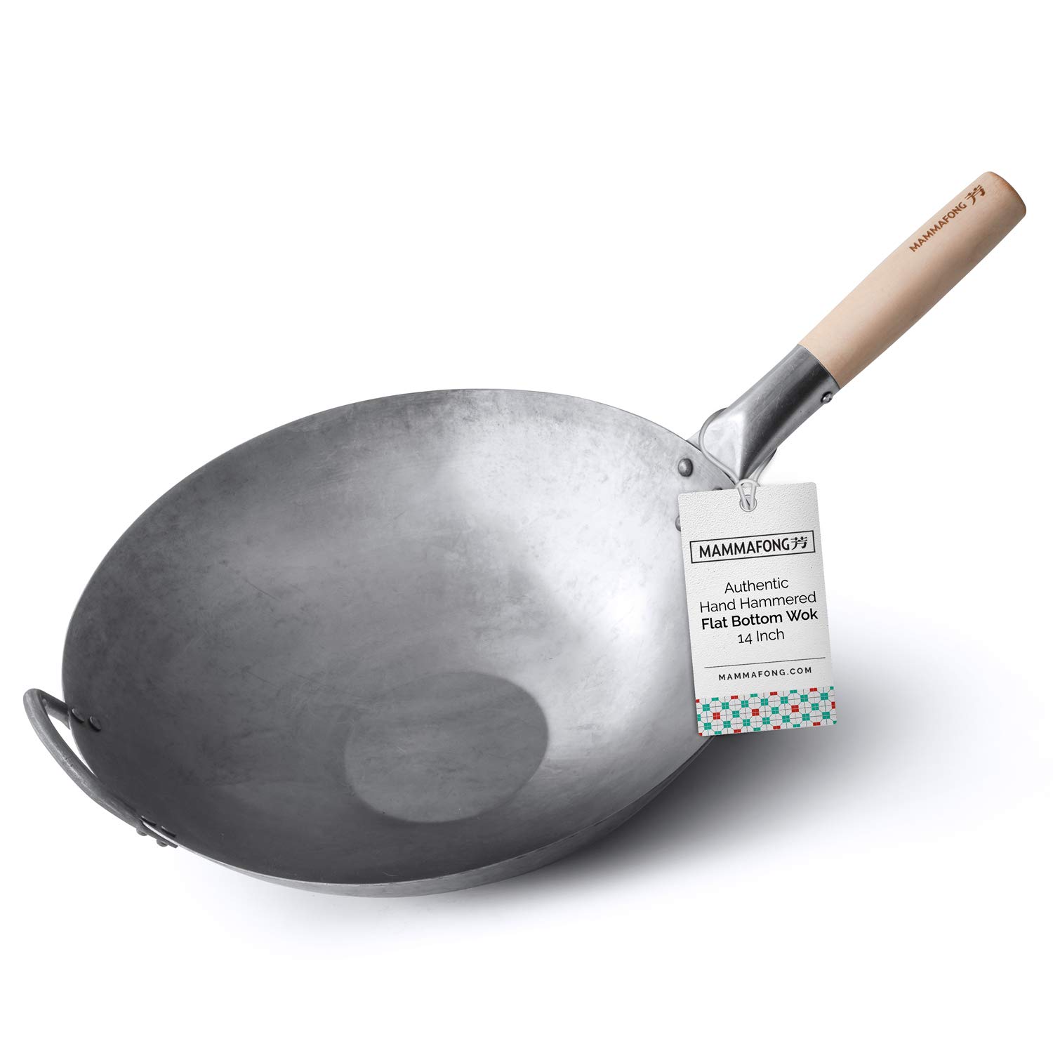 Mammafong Flat Bottom Carbon Steel Wok Pan - Authentic Hand Hammered Woks and Stir Fry Pans - 14" Pow Wok