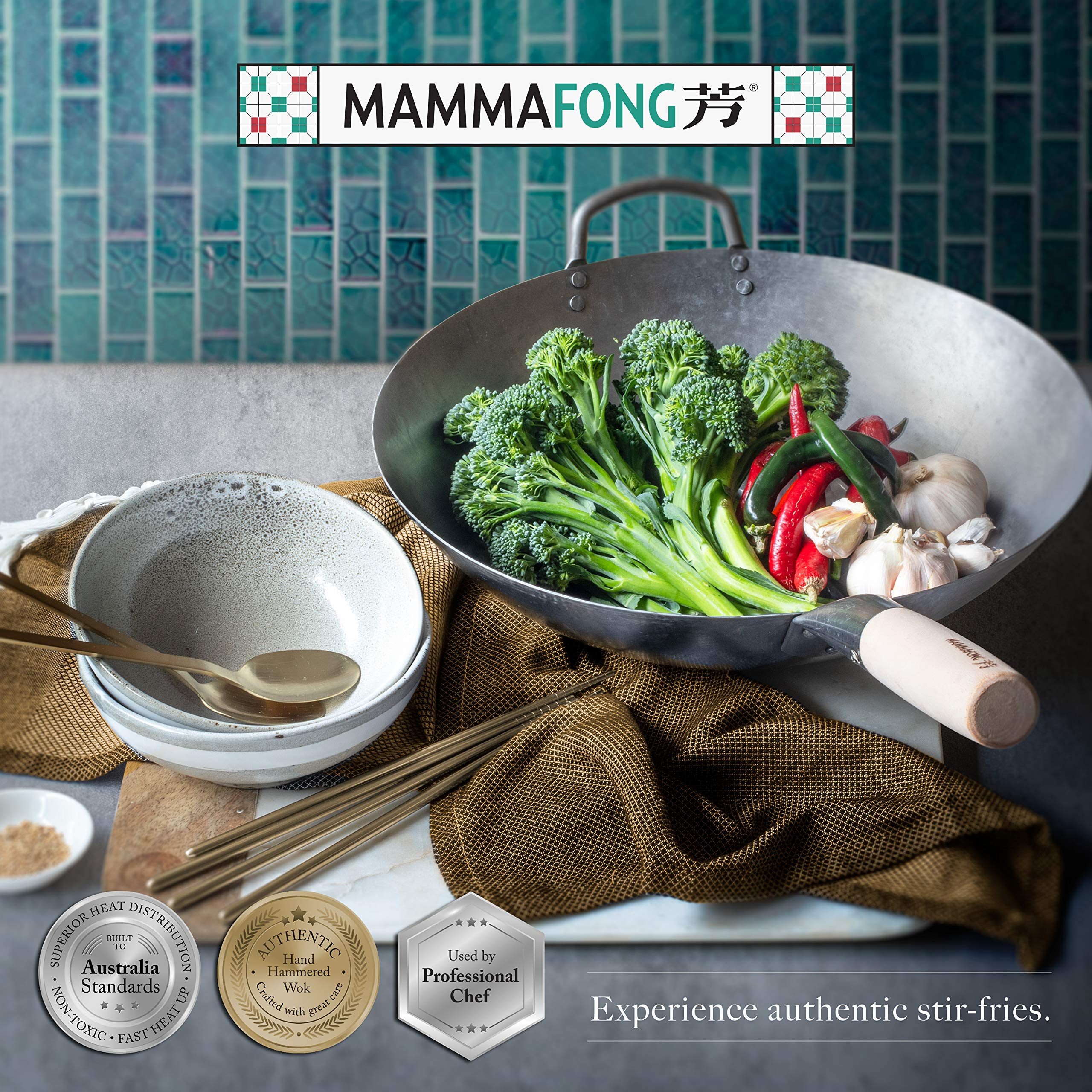 Mammafong Flat Bottom Carbon Steel Wok Pan - Authentic Hand Hammered Woks and Stir Fry Pans - 14" Pow Wok