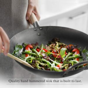 Mammafong Flat Bottom Carbon Steel Wok Pan - Authentic Hand Hammered Woks and Stir Fry Pans - 14" Pow Wok