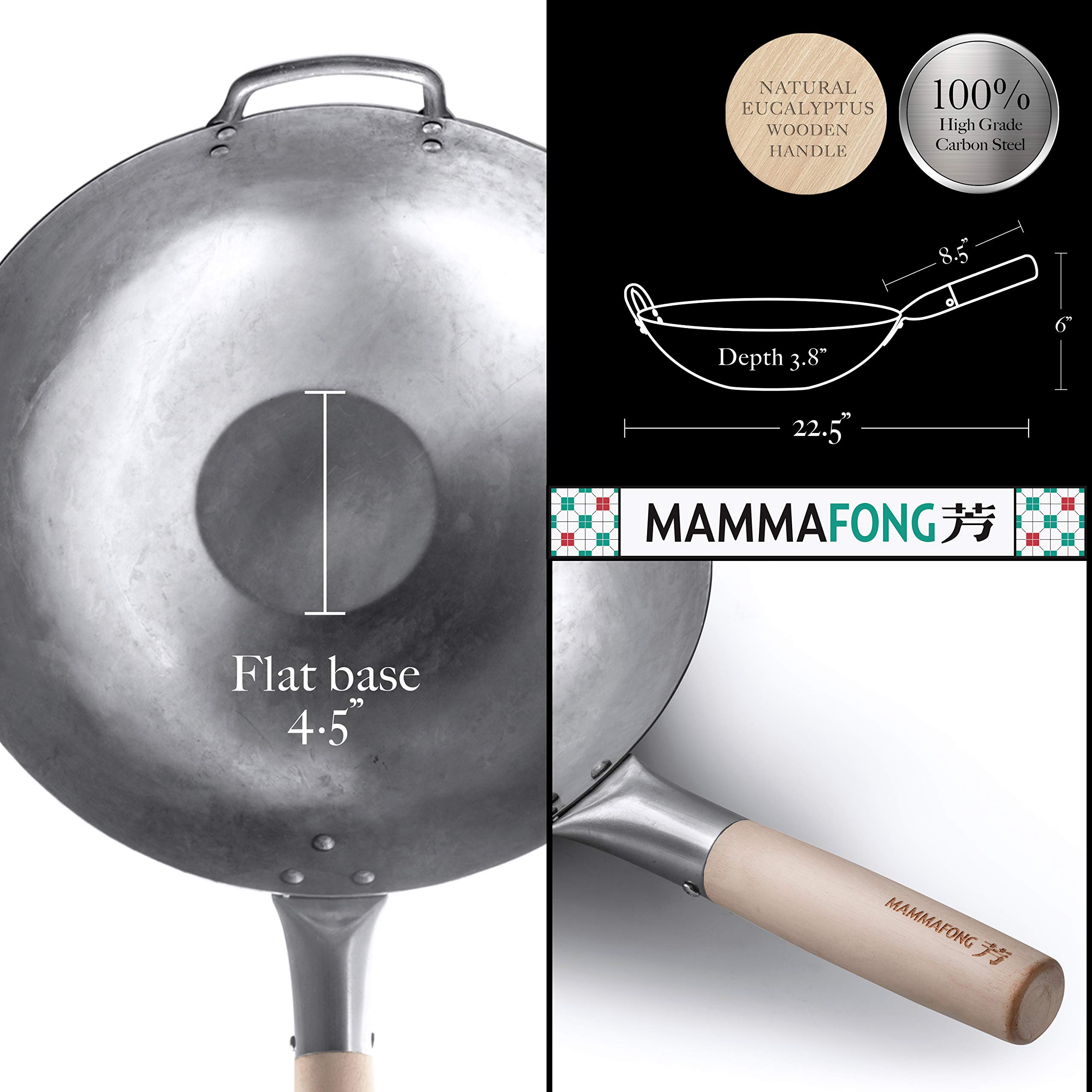 Mammafong Flat Bottom Carbon Steel Wok Pan - Authentic Hand Hammered Woks and Stir Fry Pans - 14" Pow Wok