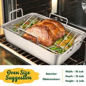 Roasting Pan, E-far 16 x 11.5 Inch Stainless steel Turkey Roaster with Rack - Deep Broiling Pan & V-shaped Rack & Flat Rack, Non-toxic & Heavy Duty, Easy Clean & Dishwasher Safe - Large