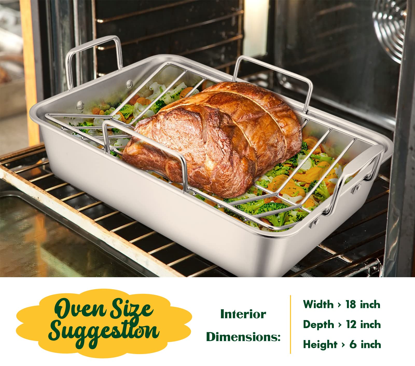 Roasting Pan, E-far 16 x 11.5 Inch Stainless steel Turkey Roaster with Rack - Deep Broiling Pan & V-shaped Rack & Flat Rack, Non-toxic & Heavy Duty, Easy Clean & Dishwasher Safe - Large