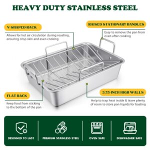 Roasting Pan, E-far 16 x 11.5 Inch Stainless steel Turkey Roaster with Rack - Deep Broiling Pan & V-shaped Rack & Flat Rack, Non-toxic & Heavy Duty, Easy Clean & Dishwasher Safe - Large