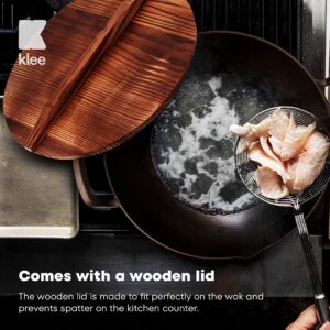 Klee Pre-Seasoned Cast Iron Wok Pan with Wood Wok Lid and Handles - 14" Large Wok Pan with Flat Base and Non-Stick Surface for Deep Frying, Stir-Frying, Grilling, Steaming - Stovetop and Oven Safe