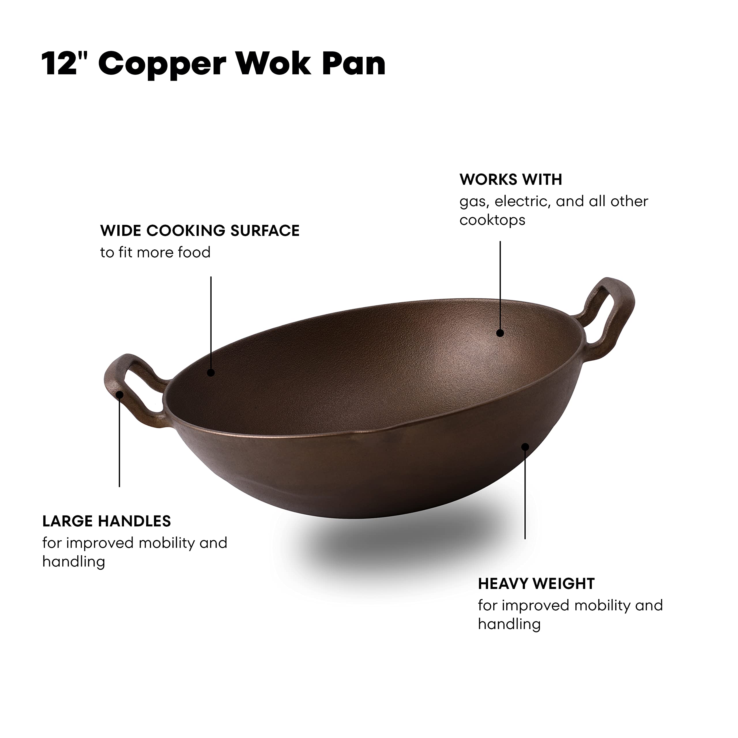 Klee Pre-Seasoned Cast Iron Wok Pan with Wood Wok Lid and Handles - 14" Large Wok Pan with Flat Base and Non-Stick Surface for Deep Frying, Stir-Frying, Grilling, Steaming - Stovetop and Oven Safe