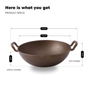 Klee Pre-Seasoned Cast Iron Wok Pan with Wood Wok Lid and Handles - 14" Large Wok Pan with Flat Base and Non-Stick Surface for Deep Frying, Stir-Frying, Grilling, Steaming - Stovetop and Oven Safe