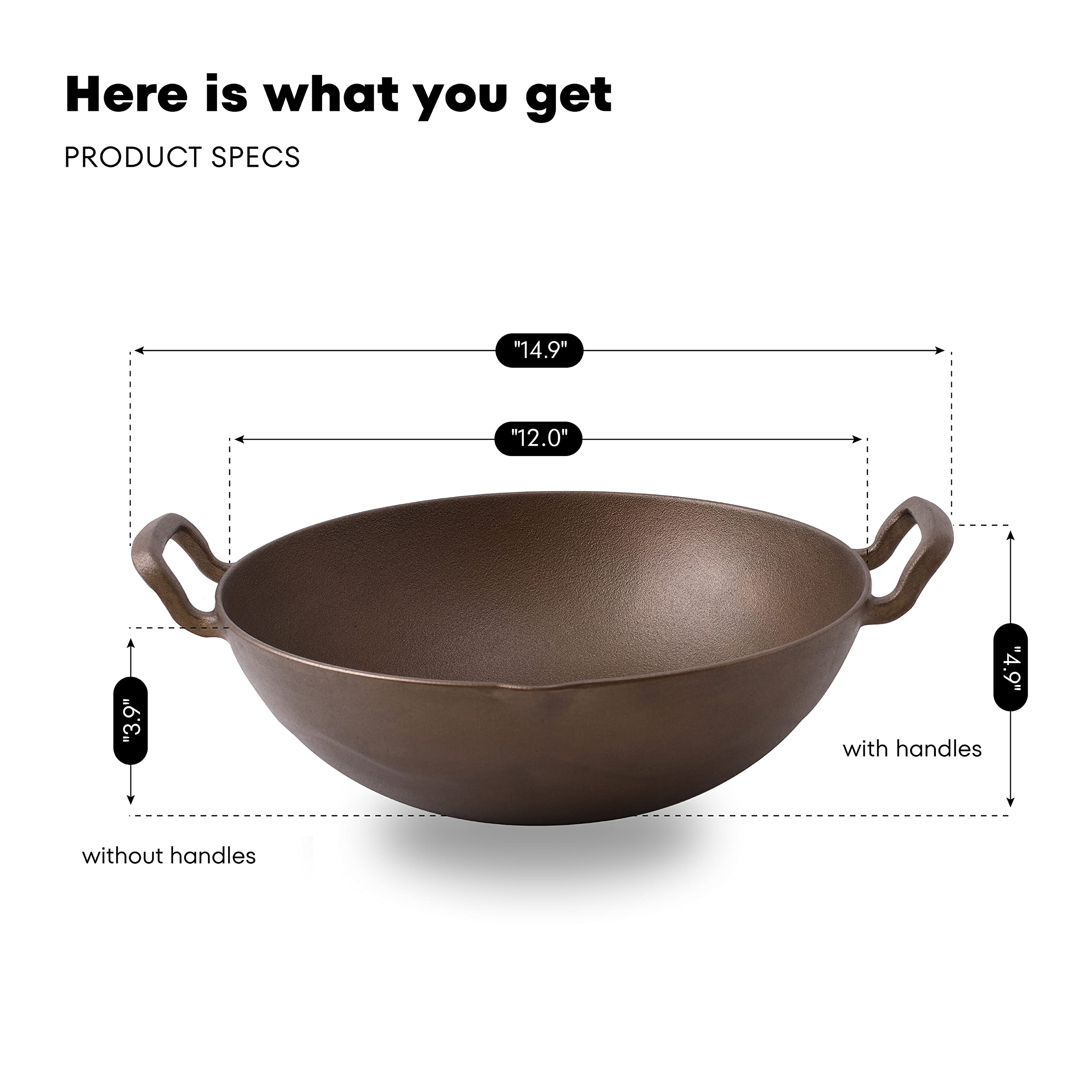 Klee Pre-Seasoned Cast Iron Wok Pan with Wood Wok Lid and Handles - 14" Large Wok Pan with Flat Base and Non-Stick Surface for Deep Frying, Stir-Frying, Grilling, Steaming - Stovetop and Oven Safe