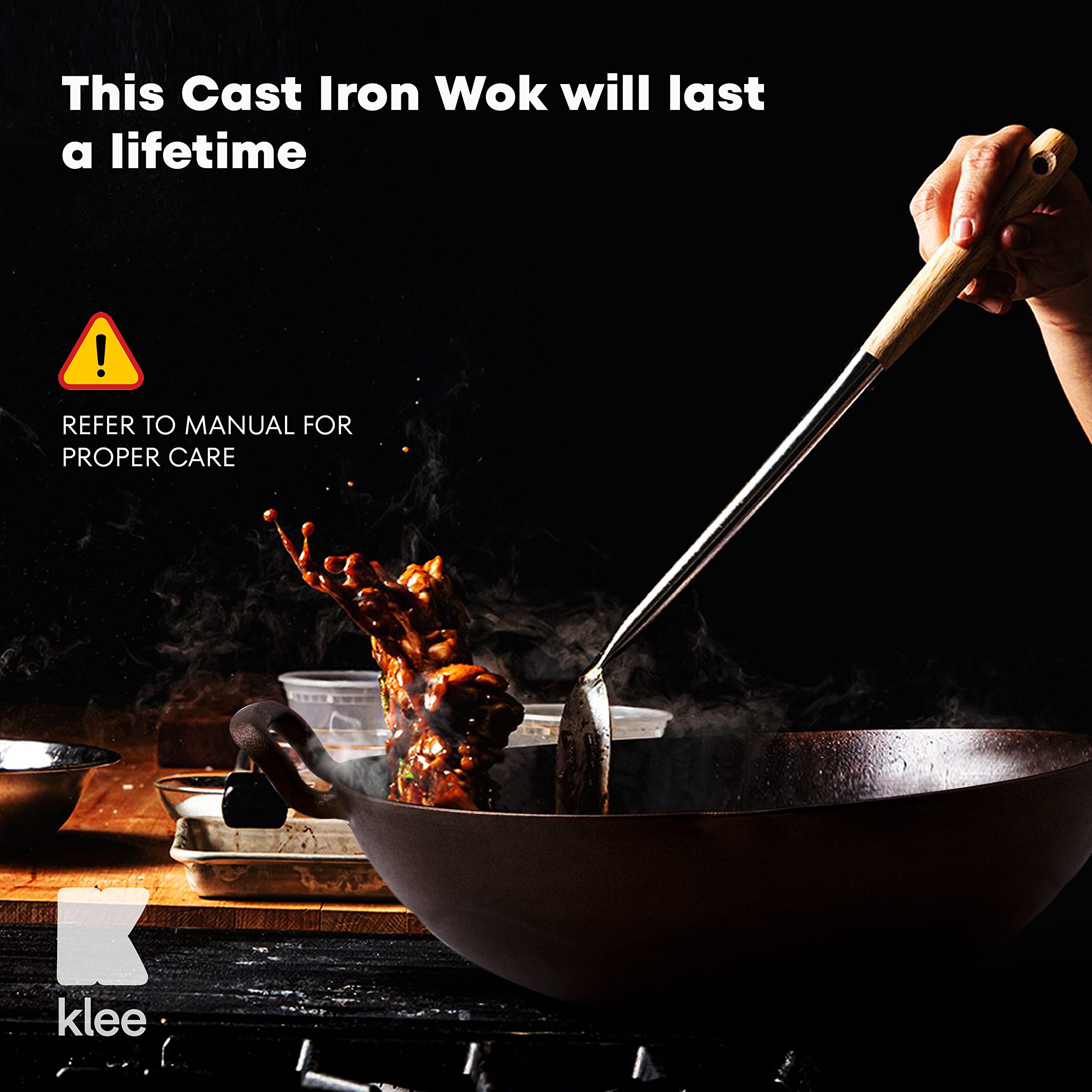 Klee Pre-Seasoned Cast Iron Wok Pan with Wood Wok Lid and Handles - 14" Large Wok Pan with Flat Base and Non-Stick Surface for Deep Frying, Stir-Frying, Grilling, Steaming - Stovetop and Oven Safe