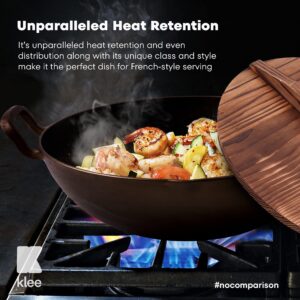 Klee Pre-Seasoned Cast Iron Wok Pan with Wood Wok Lid and Handles - 14" Large Wok Pan with Flat Base and Non-Stick Surface for Deep Frying, Stir-Frying, Grilling, Steaming - Stovetop and Oven Safe