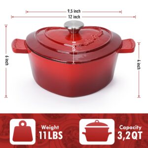MIAMIO - Enameled Cast Iron Dutch Oven (3.2 Quart, 10 Inch) in Heart Shape Non Stick Pot/Gift for Christmas, Suitable for All Heat Types + Oven