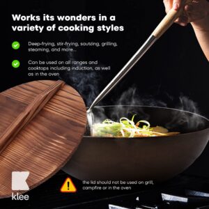 Klee Pre-Seasoned Cast Iron Wok Pan with Wood Wok Lid and Handles - 14" Large Wok Pan with Flat Base and Non-Stick Surface for Deep Frying, Stir-Frying, Grilling, Steaming - Stovetop and Oven Safe