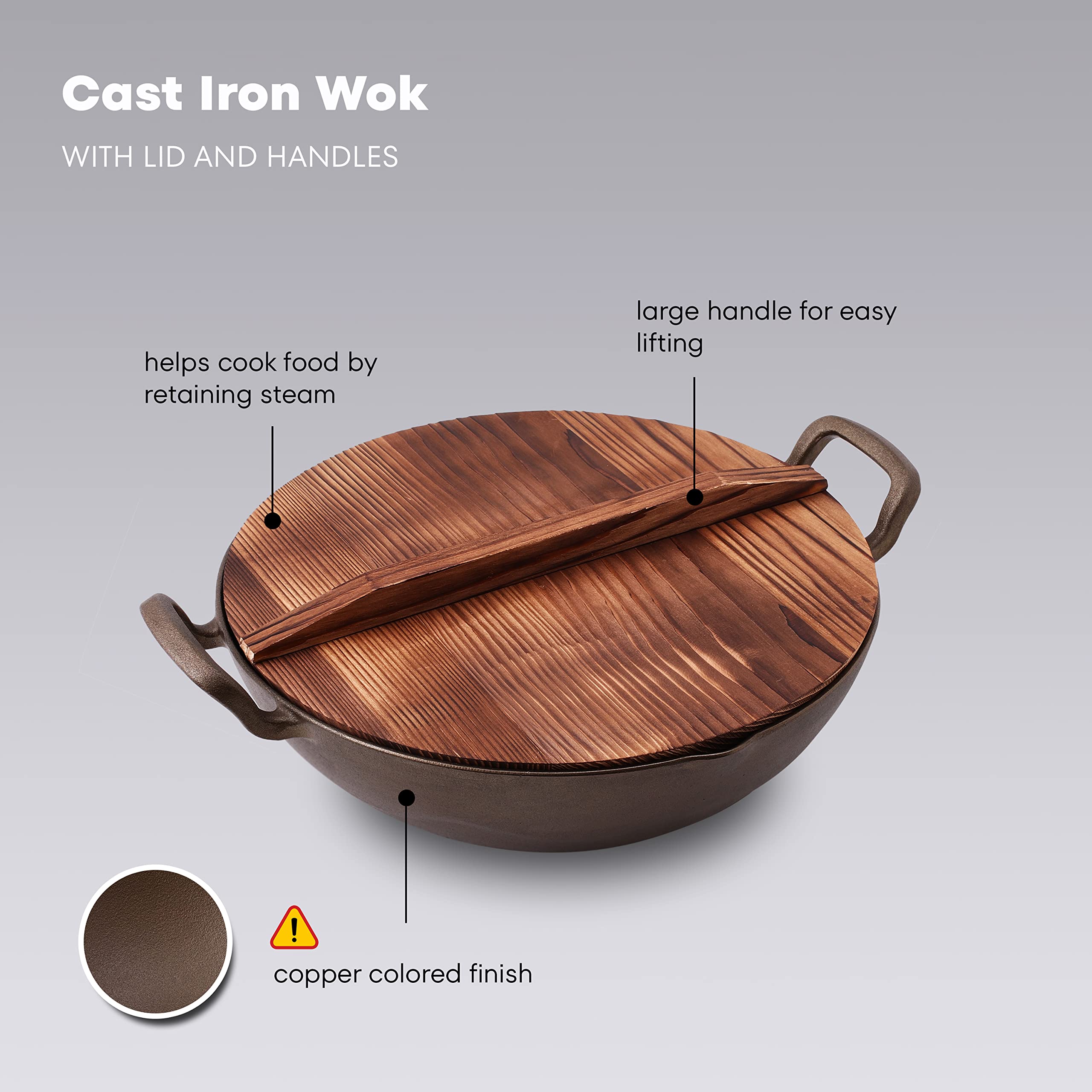 Klee Pre-Seasoned Cast Iron Wok Pan with Wood Wok Lid and Handles - 14" Large Wok Pan with Flat Base and Non-Stick Surface for Deep Frying, Stir-Frying, Grilling, Steaming - Stovetop and Oven Safe