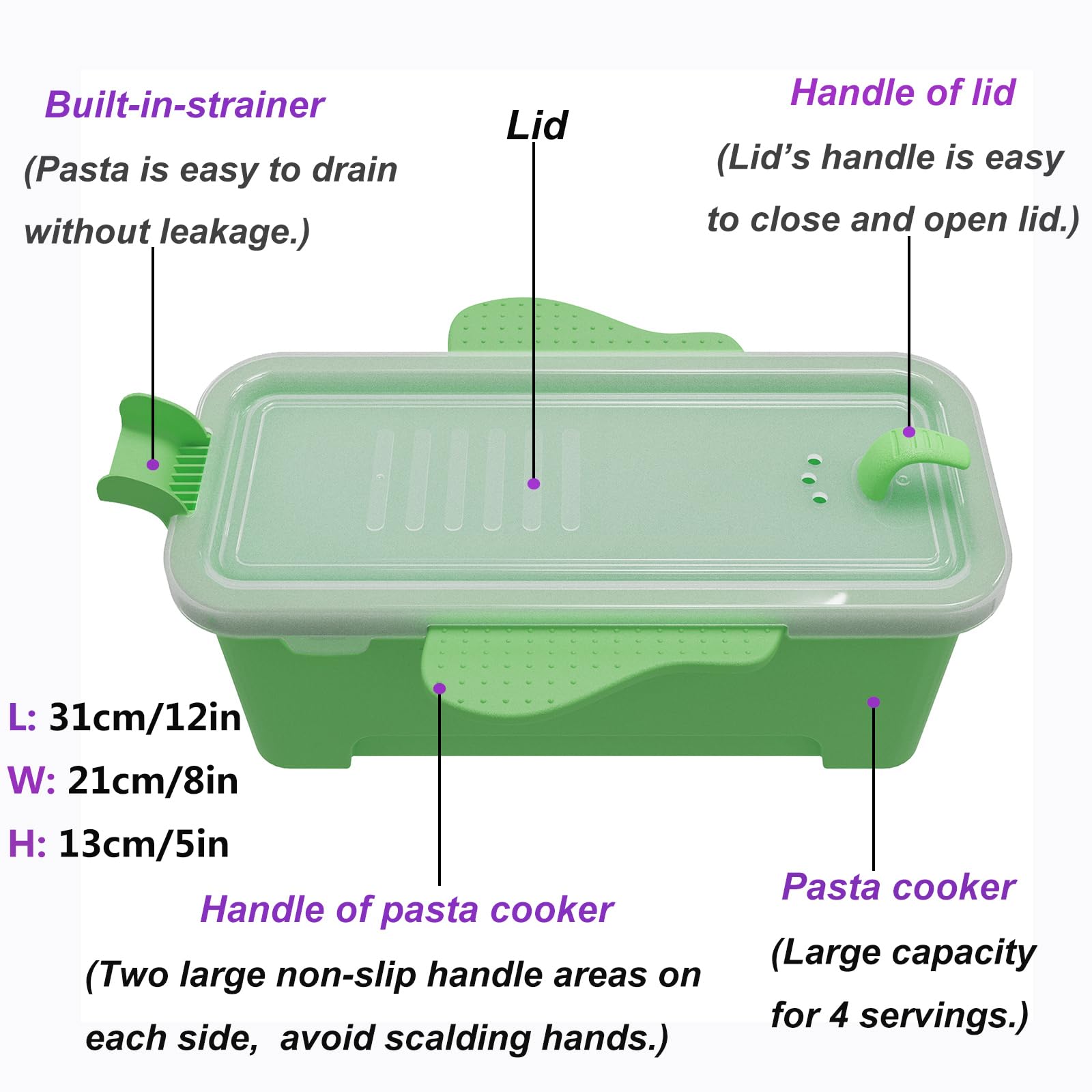 68OZ Microwave Pasta Container Cooker, Noodles Cooker with Strainer. Quickly Cooks up to 4 Servings Pasta, Cute Elephant-Shaped Multifunctional Cooker for Dorms, Kitchens or Offices.(Light Green)