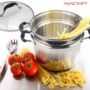 AVACRAFT 18/10 Stainless Steel, 4 Piece Pasta Pot with Strainer Insert, Stock Pot with Steamer Basket and Pasta Pot Insert, Pasta Cooker Set with Glass Lid, 7 Quart