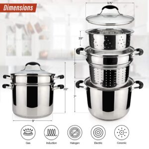 AVACRAFT 18/10 Stainless Steel, 4 Piece Pasta Pot with Strainer Insert, Stock Pot with Steamer Basket and Pasta Pot Insert, Pasta Cooker Set with Glass Lid, 7 Quart