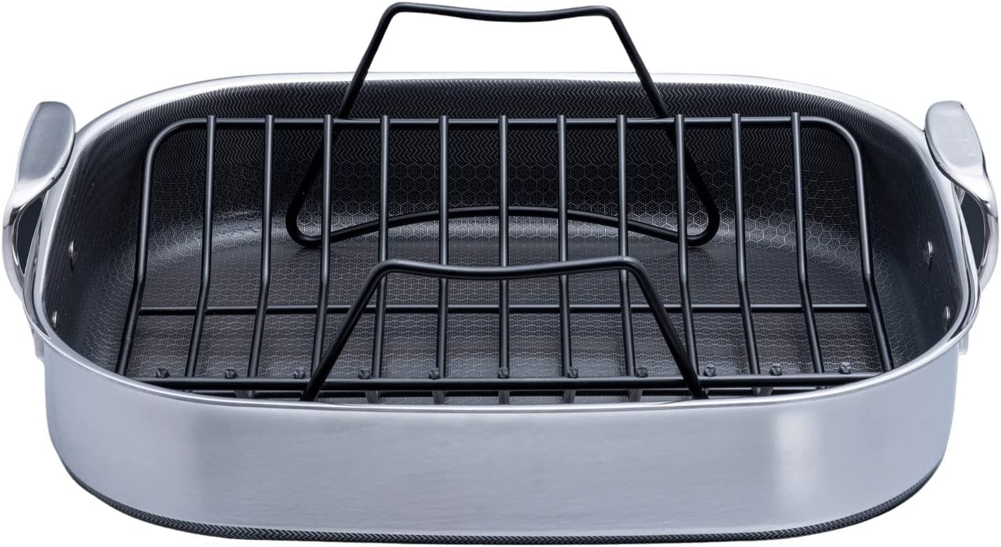 HexClad Hybrid Nonstick Roasting Pan with Rack, Dishwasher and Oven Friendly, Compatible with All Cooktops