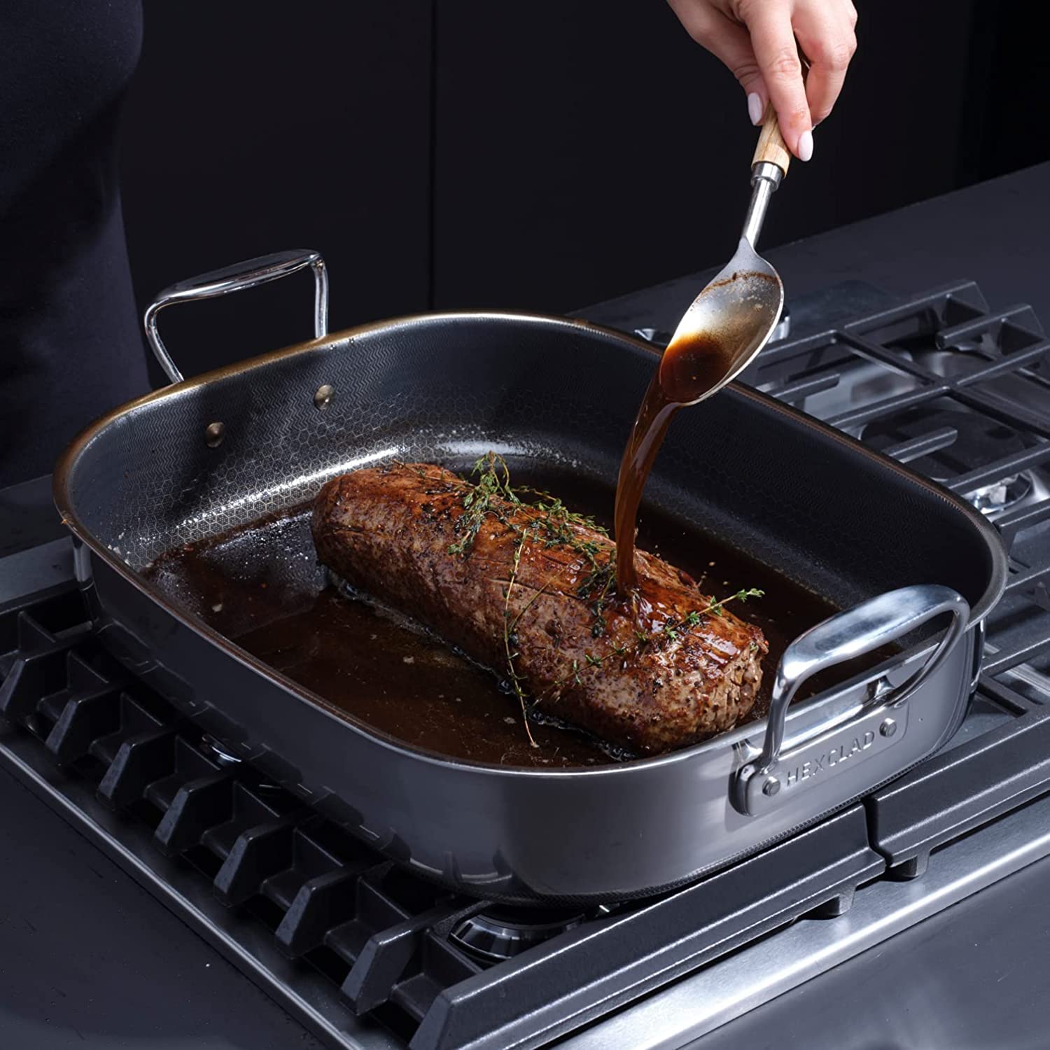 HexClad Hybrid Nonstick Roasting Pan with Rack, Dishwasher and Oven Friendly, Compatible with All Cooktops