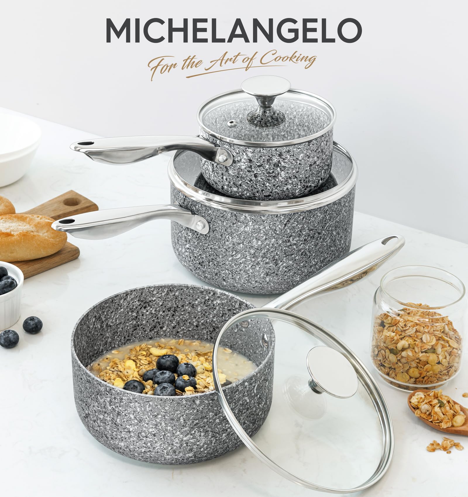 MICHELANGELO Saucepan with Lid 3 Quart, Ultra Nonstick Sauce Pan with Non toxic Stone-Derived Coating, Sauce Pot with Lid, Stone Saucepan with Lid, 3 Quart Sauce Pan