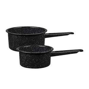 granite ware 1 qt y 2 qt saucepan set. enameled steel great for camping, outdoor use, suitable for oven and direct fire.