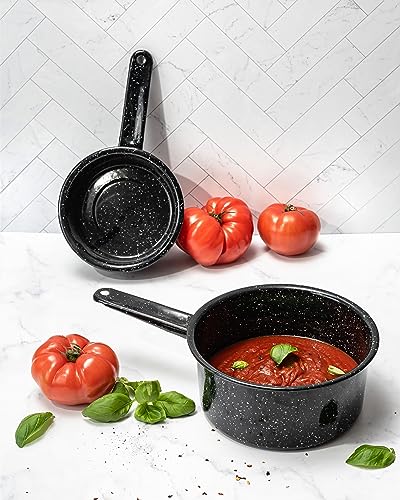 Granite Ware 1 qt y 2 qt saucepan set. Enameled steel great for camping, outdoor use, suitable for oven and direct fire.