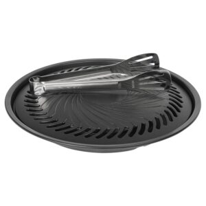 japan bbq plate (large) | stovetop korean bbq non-stick round barbecue grill pan by fapend | free 304 stainless steel barbecue tongs (japan import)