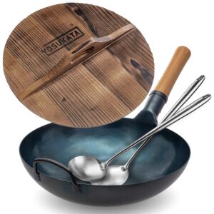 yosukata flat bottom wok pan - 13.5" + premium wok cover 13,5 inch pan lid - 13.5" blue carbon steel wok + 17’’ wok spatula and ladle - set of 2 heat-resistant wok tools