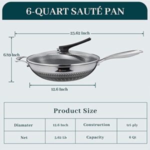 DELUXE Wok and Stir-Fry Pan, Nonstick Honeycomb Pan Kitchen Cookware with Lid, Induction Gas Stove, Suitable for Cooking, Saute, Skillet, Dishwasher and Oven Safe (12.6INCH 316 Stainless steel)