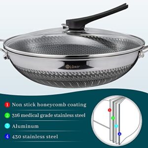 DELUXE Wok and Stir-Fry Pan, Nonstick Honeycomb Pan Kitchen Cookware with Lid, Induction Gas Stove, Suitable for Cooking, Saute, Skillet, Dishwasher and Oven Safe (12.6INCH 316 Stainless steel)