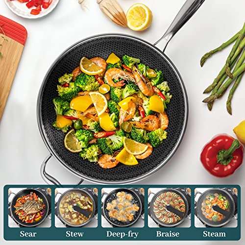 DELUXE Wok and Stir-Fry Pan, Nonstick Honeycomb Pan Kitchen Cookware with Lid, Induction Gas Stove, Suitable for Cooking, Saute, Skillet, Dishwasher and Oven Safe (12.6INCH 316 Stainless steel)