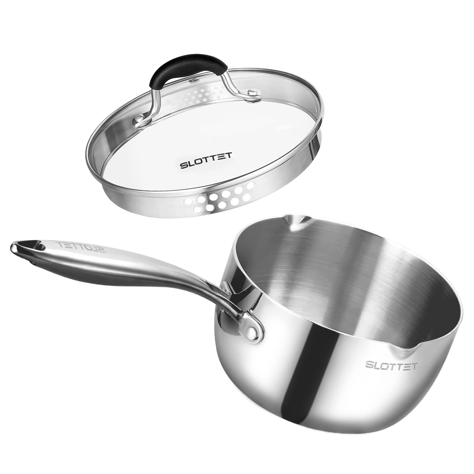 SLOTTET Tri-Ply Whole-Clad Stainless Steel Sauce Pan with Pour Spout,1.5 Quart Small Multipurpose Pasta Pot with Strainer Glass Lid, Saucepan for Cooking with Stay-cool Handle.