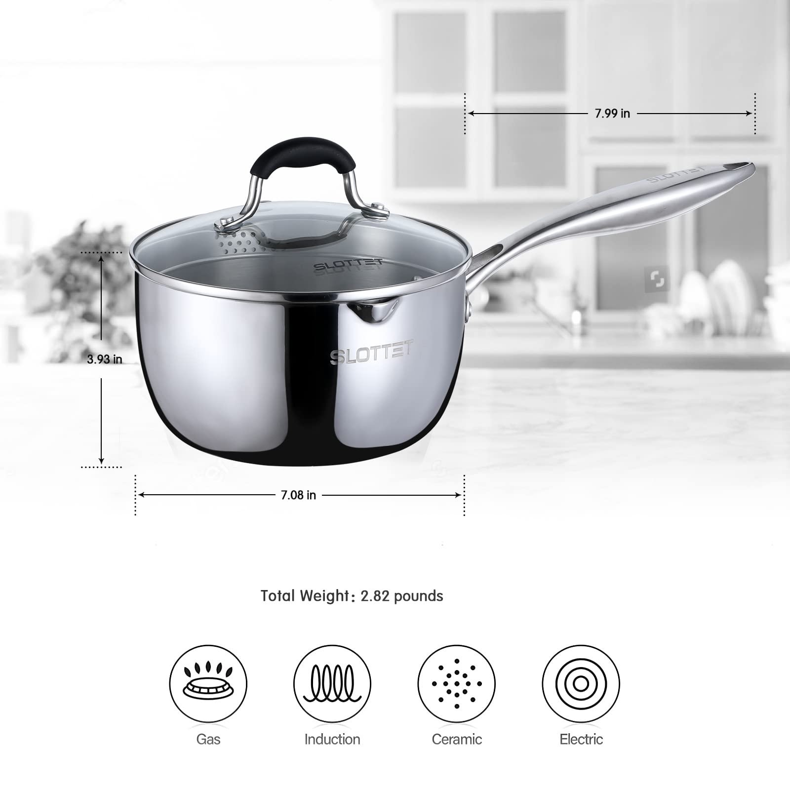 SLOTTET Tri-Ply Whole-Clad Stainless Steel Sauce Pan with Pour Spout,1.5 Quart Small Multipurpose Pasta Pot with Strainer Glass Lid, Saucepan for Cooking with Stay-cool Handle.