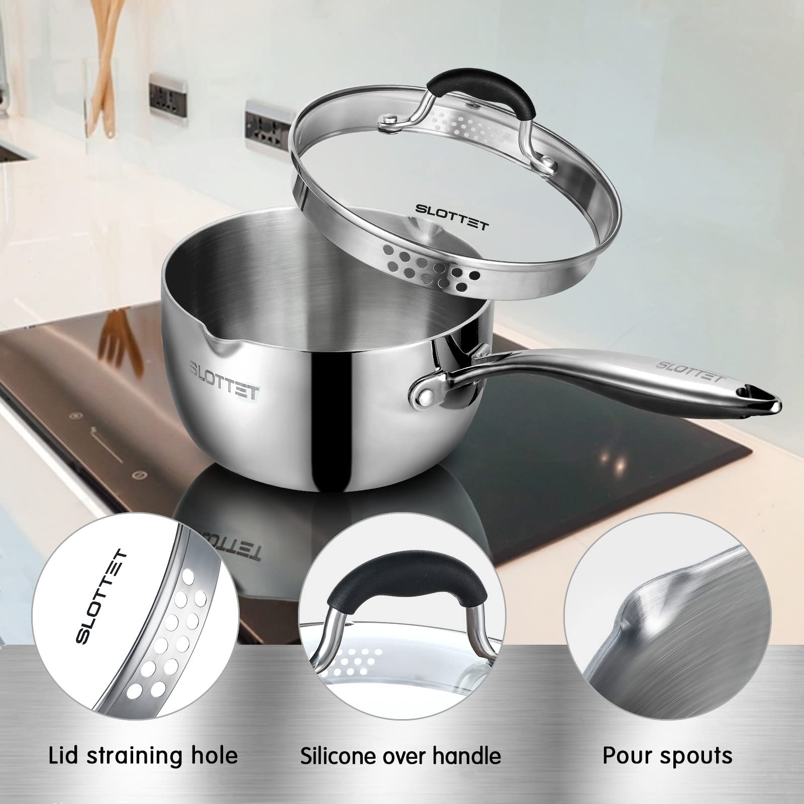 SLOTTET Tri-Ply Whole-Clad Stainless Steel Sauce Pan with Pour Spout,1.5 Quart Small Multipurpose Pasta Pot with Strainer Glass Lid, Saucepan for Cooking with Stay-cool Handle.