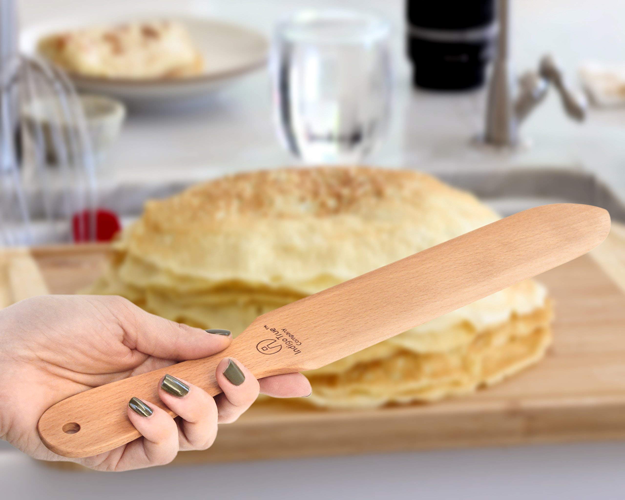 The ORIGINAL Crepe Spreader and Spatula Kit - 2 Piece Set (5” Spreader and 14” Spatula) Convenient Size to Fit Medium Crepe Pan Maker | All Natural Beechwood Construction only From Indigo True Company