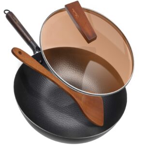 aneder carbon steel wok pan with lid & wood spatula, 12.5" cast iron stir fry pan with flat bottom and wooden handle for electric, induction and gas stoves