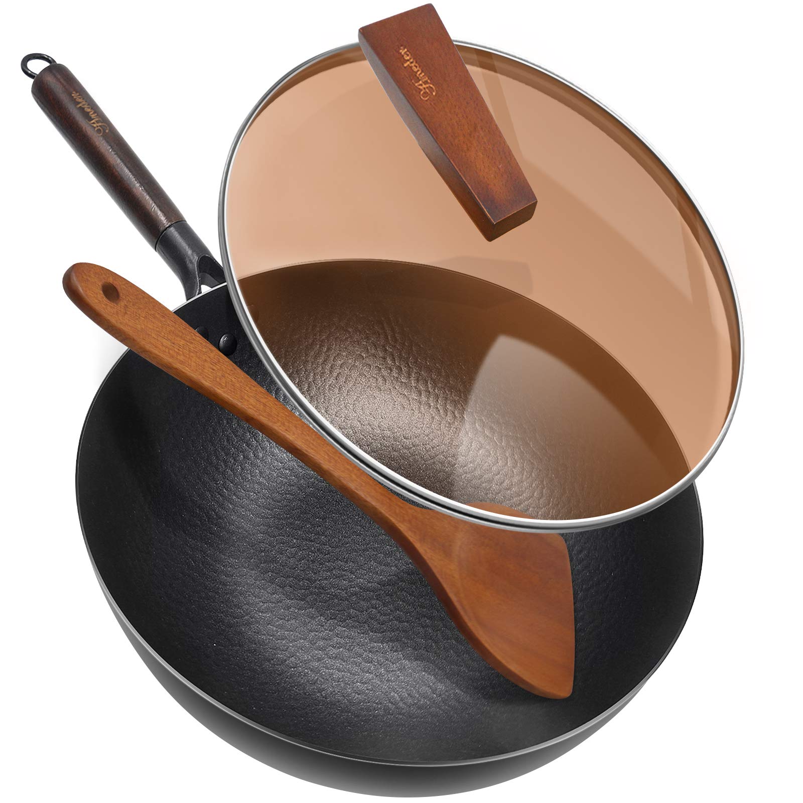 ANEDER Carbon Steel Wok Pan with Lid & Wood Spatula, 12.5" Cast Iron Stir Fry Pan with Flat Bottom and Wooden Handle for Electric, Induction and Gas Stoves