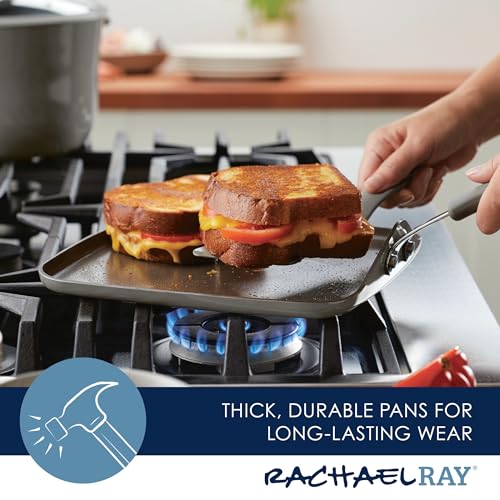 Rachael Ray Cook + Create Nonstick Stovetop Griddle/Grill Pan, Square, 11 Inch, Gray