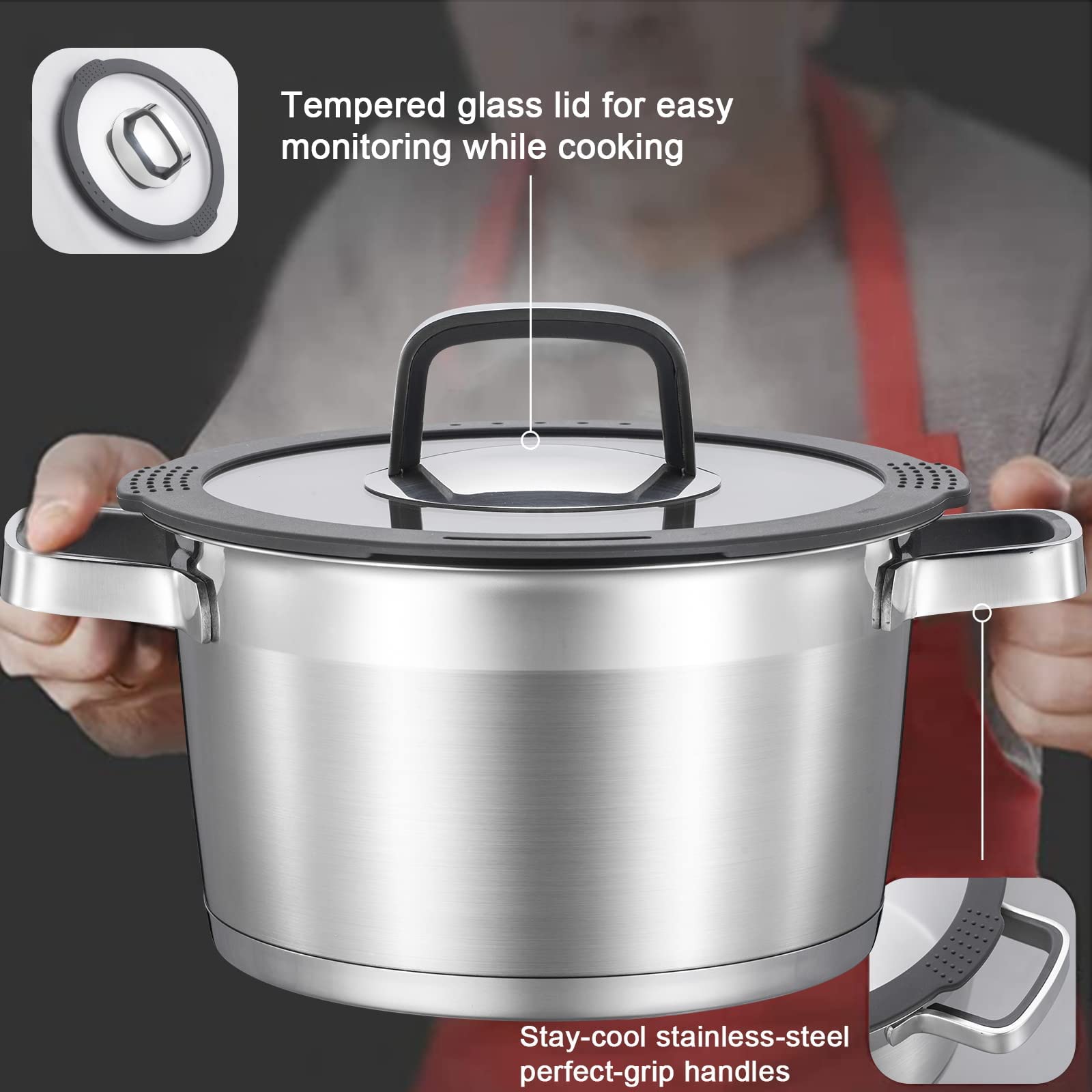 MARSKITOP 3 Qt Stock Pot with Lid, Small Stockpot Stainless Steel Soup Pot with Double Handle, Induction Pasta Pot Heavy Duty Cooking Pot