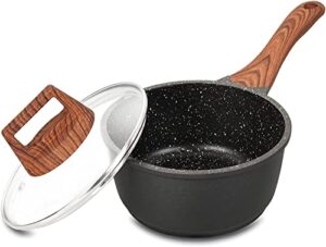aoorun saucepan with lid, 1.5 quart sauce pan, small soup pot, nonstick milk pan with granite coating & solid wood handle, induction compatible