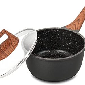 Aoorun Saucepan with Lid, 1.5 Quart Sauce Pan, Small Soup Pot, Nonstick Milk Pan with Granite Coating & Solid Wood Handle, Induction Compatible