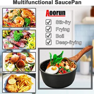 Aoorun Saucepan with Lid, 1.5 Quart Sauce Pan, Small Soup Pot, Nonstick Milk Pan with Granite Coating & Solid Wood Handle, Induction Compatible