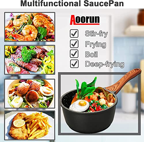 Aoorun Saucepan with Lid, 1.5 Quart Sauce Pan, Small Soup Pot, Nonstick Milk Pan with Granite Coating & Solid Wood Handle, Induction Compatible