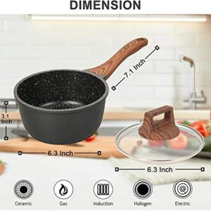 Aoorun Saucepan with Lid, 1.5 Quart Sauce Pan, Small Soup Pot, Nonstick Milk Pan with Granite Coating & Solid Wood Handle, Induction Compatible