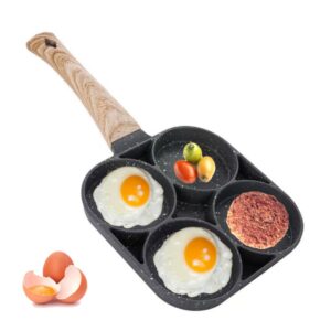 appo 4 hole egg pan, non-stick pan with wooden handle, work with open flame and gas stove, suitable for egg burger, grey black, 15''l x 7.36'' w, each round egg area:3.5''dia