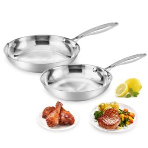 fry pan set of 2 | 8" & 10" tri-ply stainless steel frying pan, oven & dishwasher safe classic cooking pan cookware