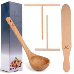 crepe spreader spatula and ladle kit - large and medium beachwood versatile pancake tool 3 recipes included - convenient size for nonstick disc pan crepe maker - lightweight wooden flipper - great set