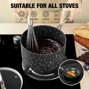 HLAFRG 1 Quart Saucepan with Lid, Ultra Nonstick Sauce Pan with Lid, Small Pot with Lid, Granite Nonstick Saucepan 1 quart, Small Sauce Pot, Black Pot 1 Qt, Aluminum Sauce Pan 1 Qt