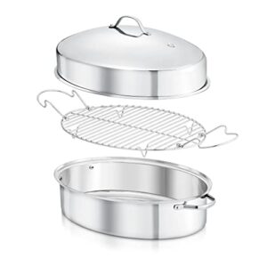 nutrichef oval roasting pan, roaster with polished rack, wide handle and stainless steel lid, turkey chicken roasting pan great for dinners, tender roast, deep dishes, and more